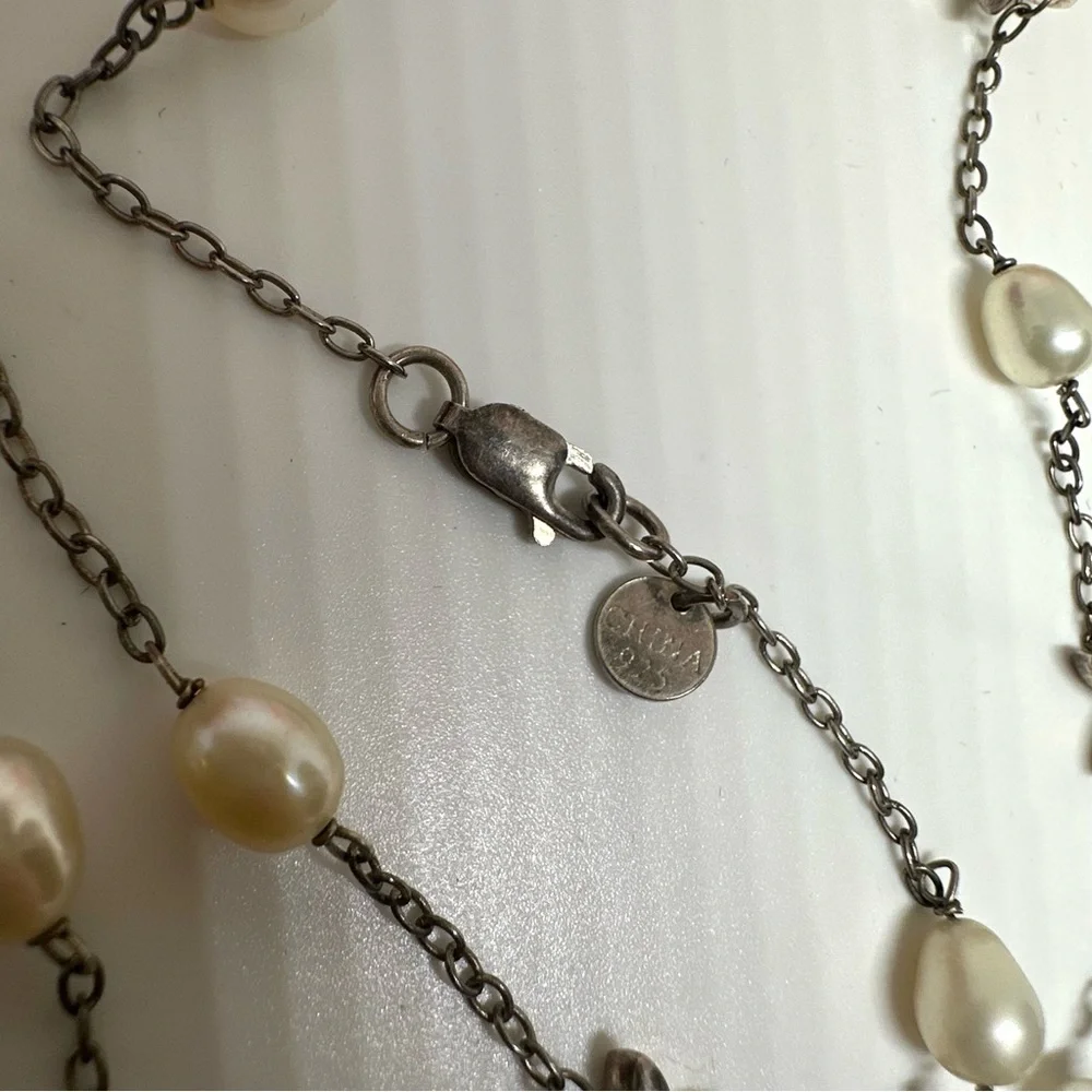 Vintage⚜️Sterling Silver & Pearl Charm Chain Necklace